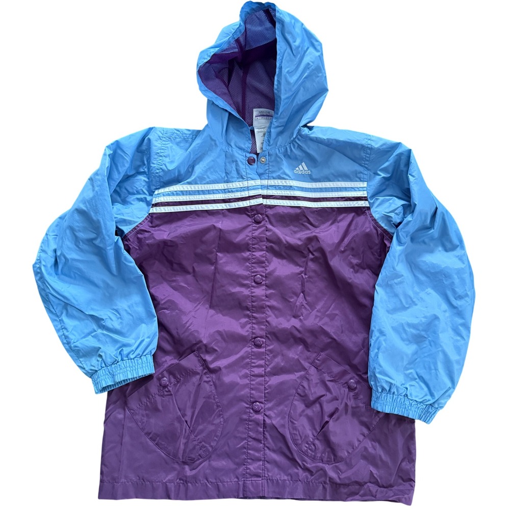 adidas Vintage Y2K‎ Windbreaker Girls L 14/16 Purple Blue 3-Stripe Colorblock